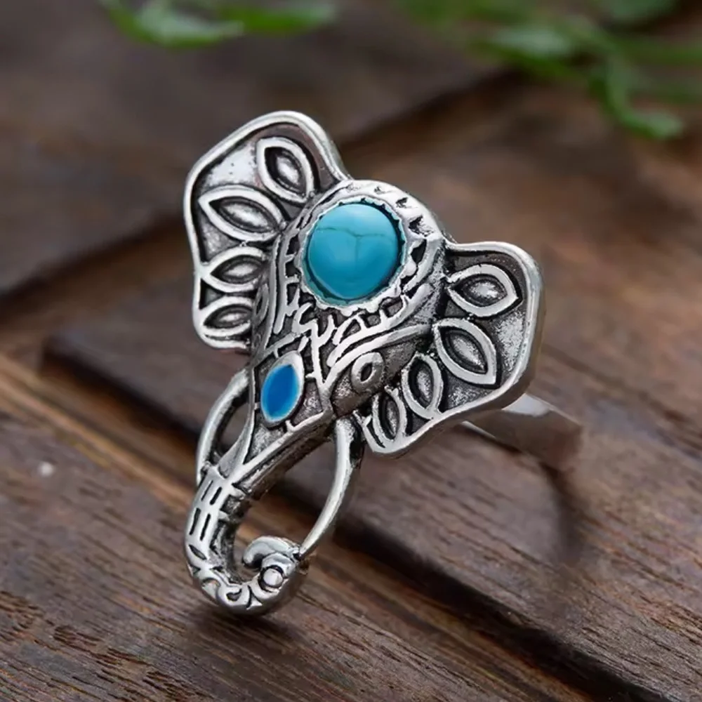 Boho Silver Elephant Ring with Blue Accents
